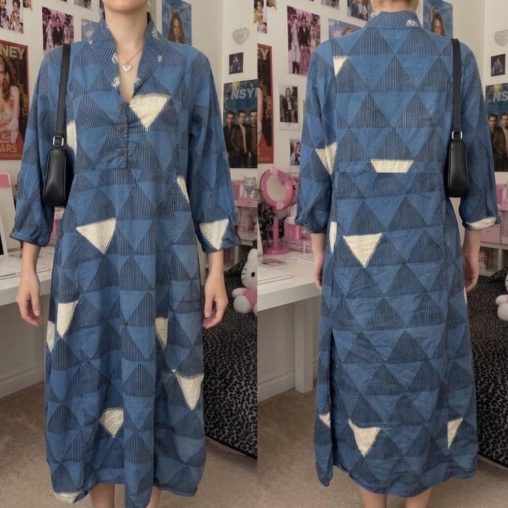 Fabindia Blue Printed Straight Long Kurta Cotton Dress Size M Geometric Boho 3/4